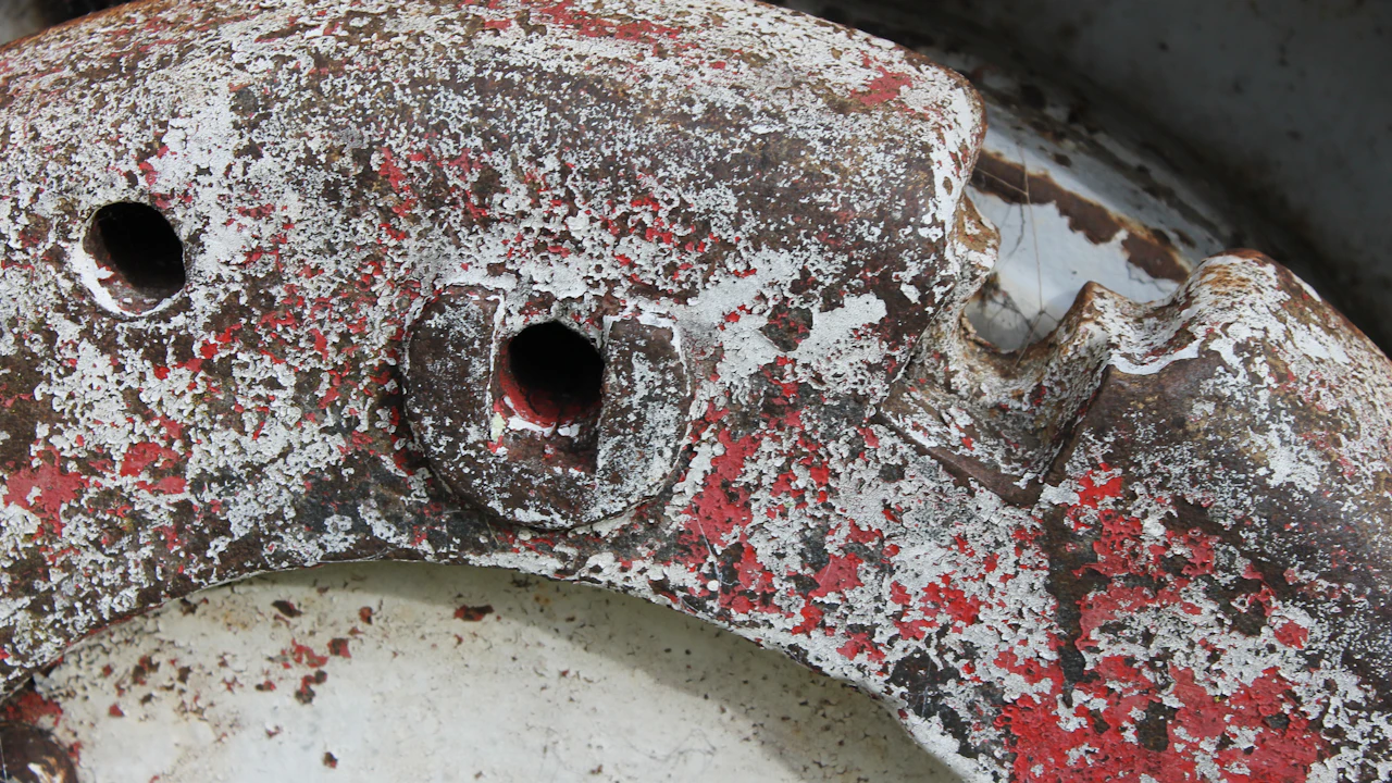 a close up of a rusted tire with holes in it