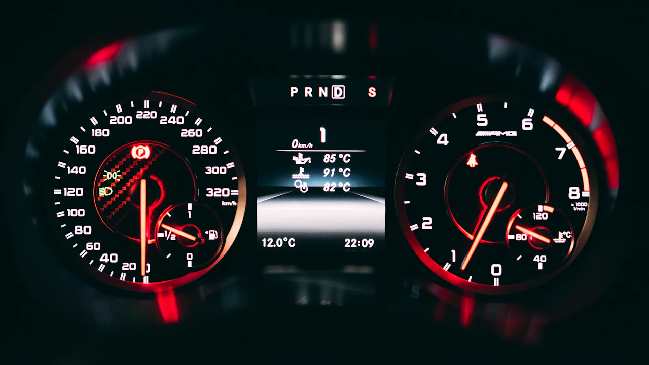 An illuminated instrument cluster photographed at night, two large dials with red arcs either side of a central display