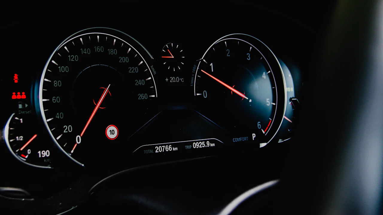 A macro photograph of an illuminated instrument cluster, the needles and dial markings filling the frame