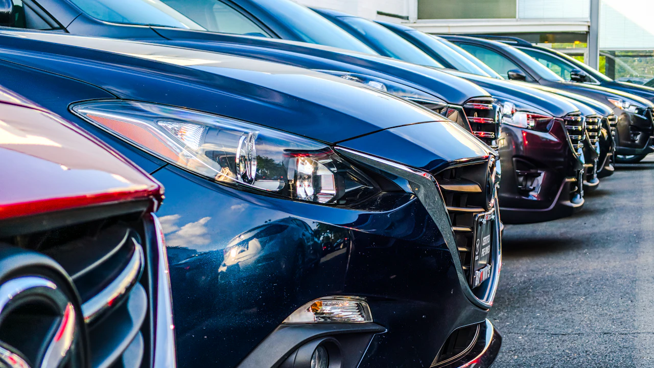 A row of used cars lined up front-first on a dealership forecourt
