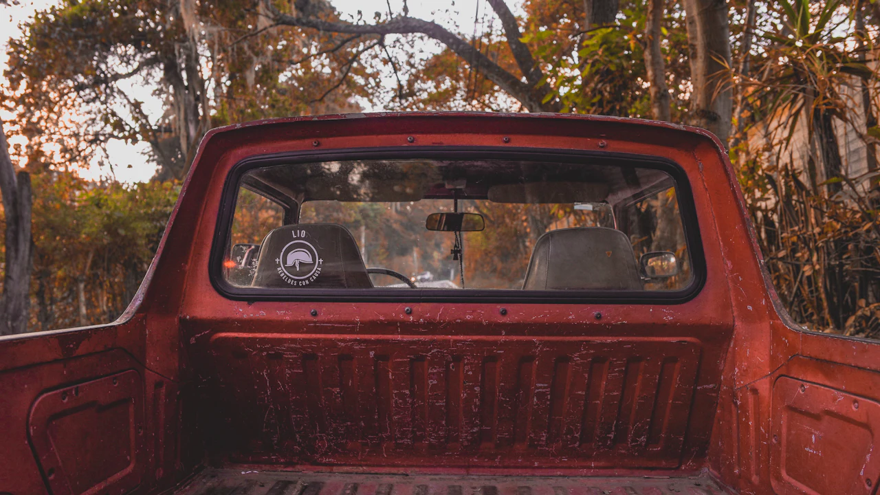 The empty cargo bed of a weathered red pickup seen from behind the cab, autumn woodland showing through the rear window