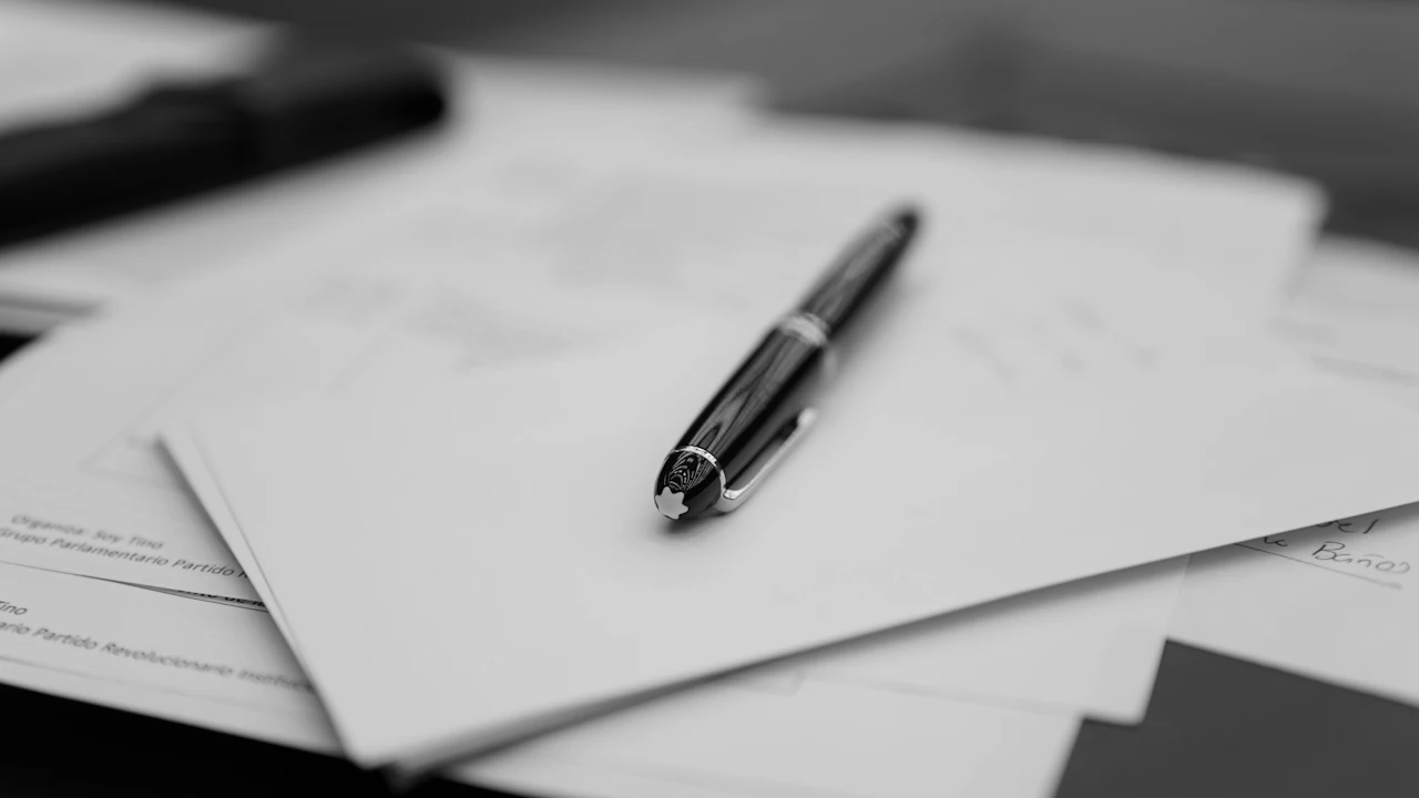 A pen sitting on top of a pile of papers